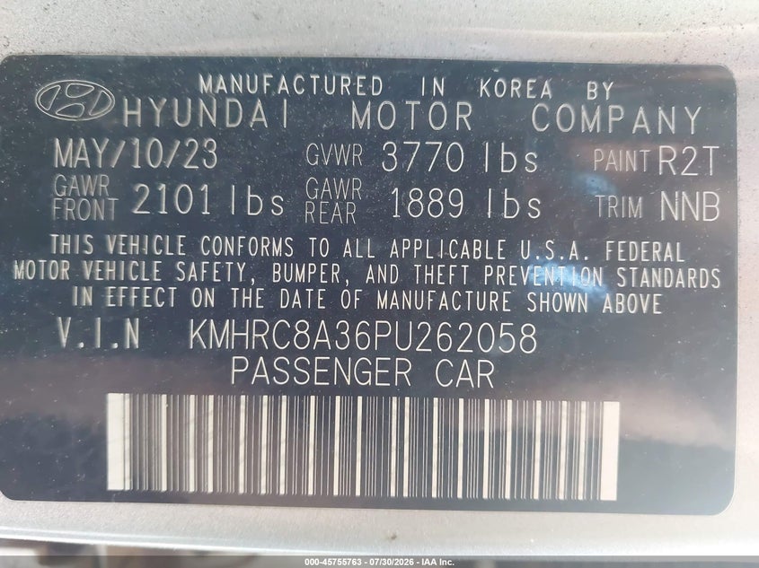 HYUNDAI VENUE 2023 VIN KMHRC8A36PU262058
