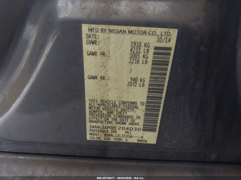 2015 NISSAN ALTIMA SEDAN 2.5L I-4 DOHC, VVT, 182HP