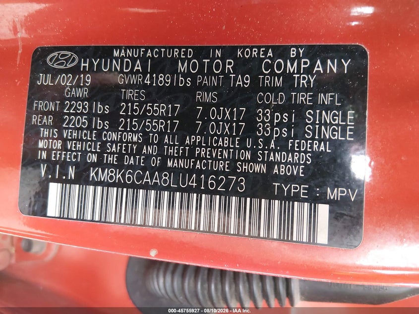 HYUNDAI KONA 2020 VIN KM8K6CAA8LU416273