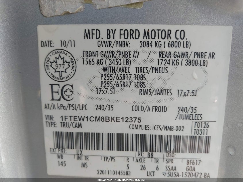 2011 FORD F-150 TRUCK 3.7L V-6 DOHC, VVT, 302HP