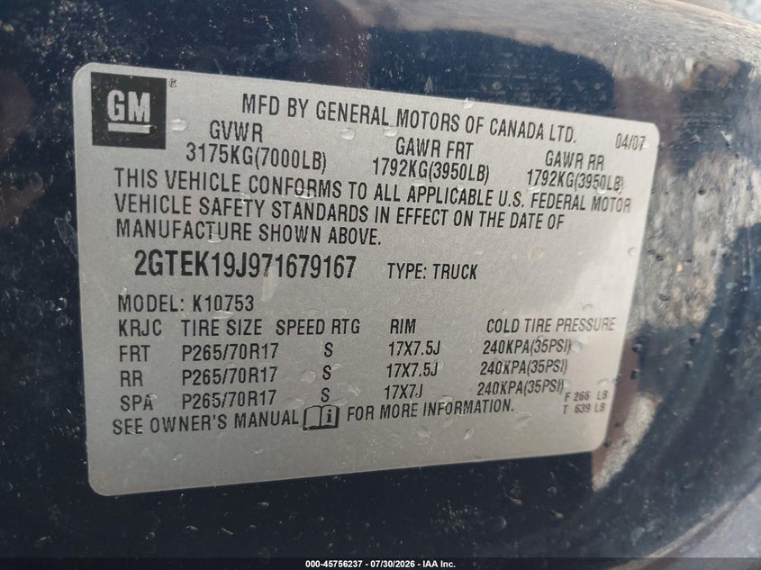 2007 GMC SIERRA PICKUP 5.3L V8 FI F