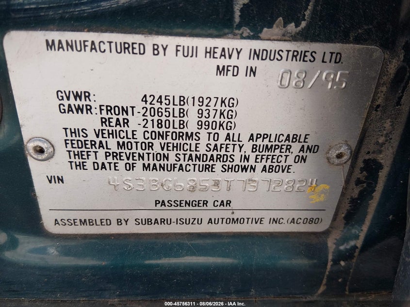 SUBARU LEGACY 1996 VIN 4S3BG6853T7372824