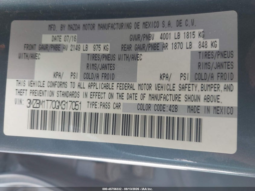 MAZDA MAZDA3 2016 VIN 3MZBM1T70GM317051