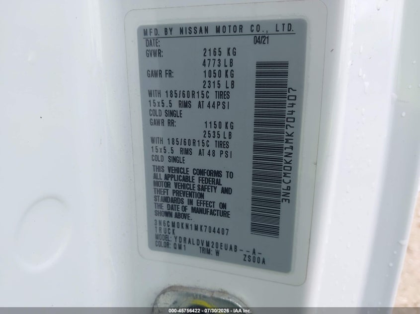 NISSAN NV200  CARGO 2021 VIN 3N6CM0KN1MK704407