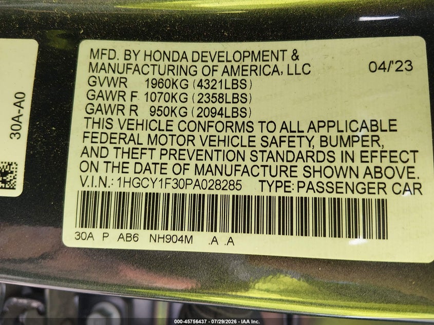 HONDA ACCORD 2023 VIN 1HGCY1F30PA028285