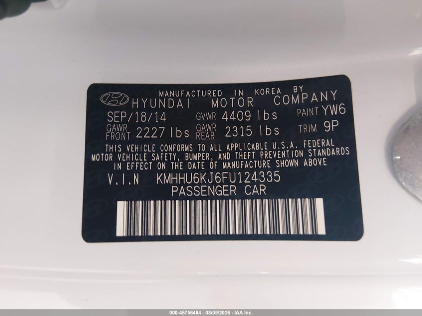 HYUNDAI GENESIS 2015 VIN KMHHU6KJ6FU124335