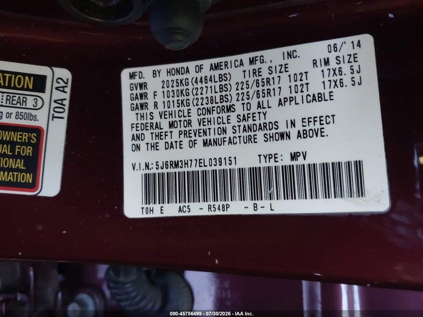 2014 HONDA CR-V SPORT UTILITY VEHICLE 2.4L I-4 DOHC, VVT, 185HP