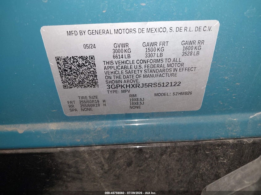 HONDA PROLOGUE 2024 VIN 3GPKHXRJ5RS512122