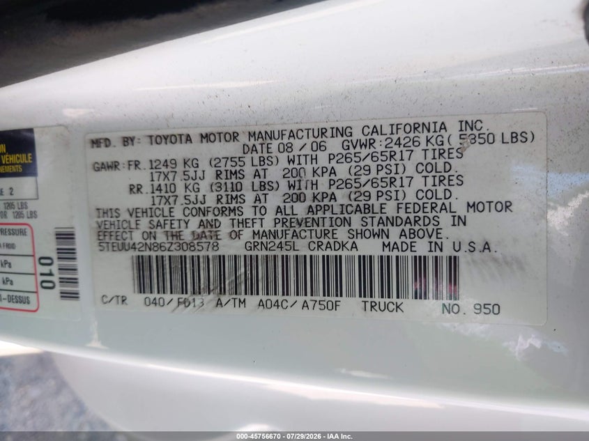 TOYOTA TACOMA 2006 VIN 5TEUU42N86Z308578