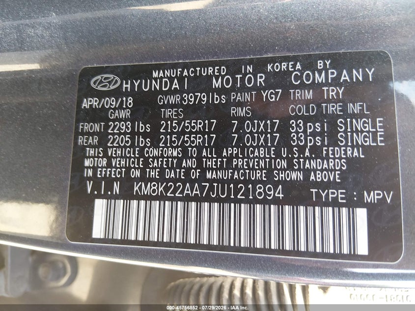 HYUNDAI KONA 2018 VIN KM8K22AA7JU121894