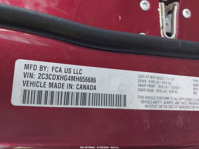 DODGE CHARGER 2021 VIN 2C3CDXHG4MH656686