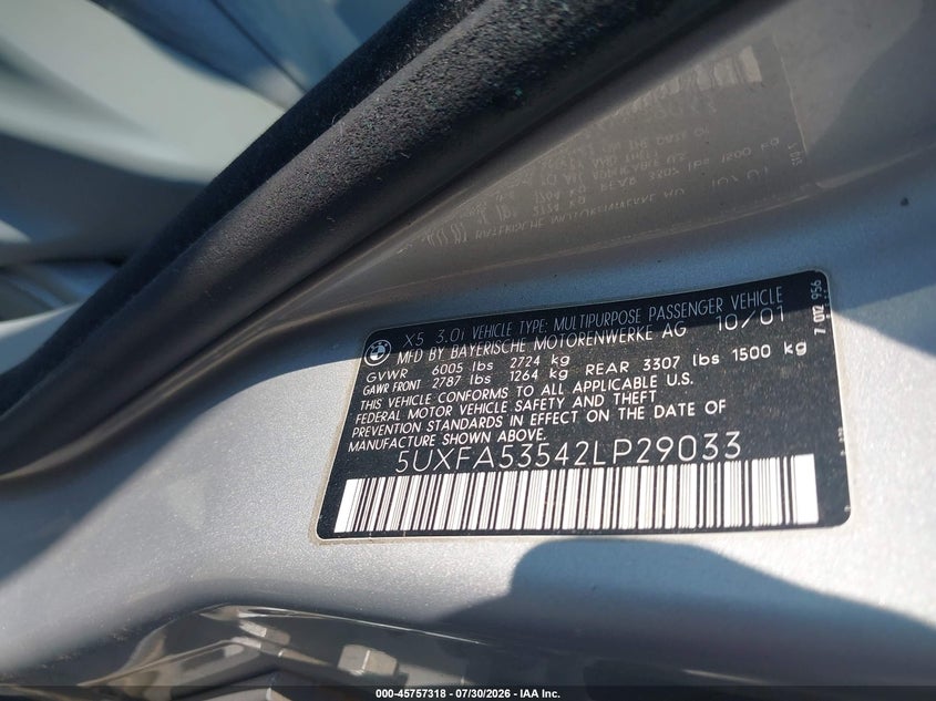 BMW X5 2002 VIN 5UXFA53542LP29033