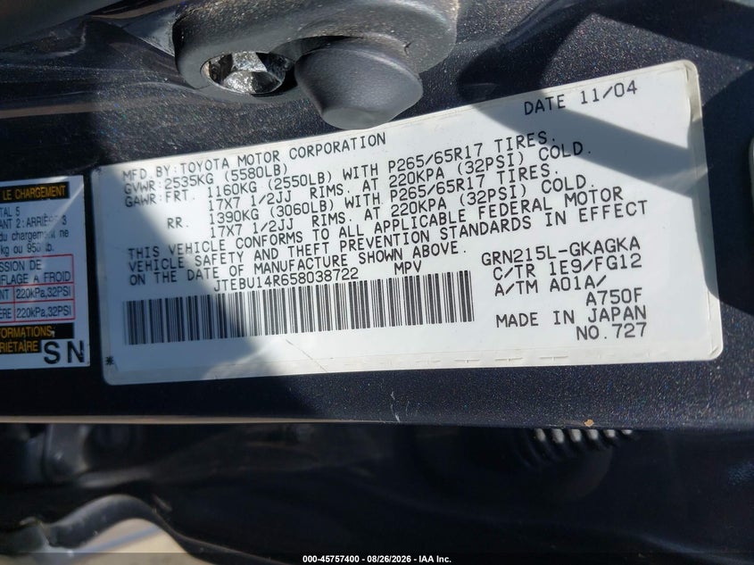 2005 TOYOTA 4RUNNER SPORT UTILITY VEHICLE 4.0L V-6 DOHC, VVT, 245HP