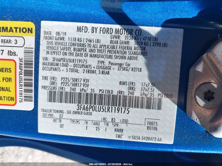 2020 FORD FUSION SEDAN 2.0L I-4 DOHC, VVT, 141HP