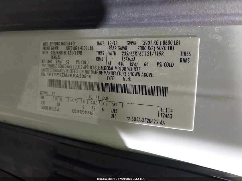 Vin: 1ftye1zm8kka30919, lot: 46256792, ford transit-150 20194