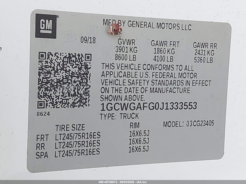 Vin: 1gcwgafg0j1333553, lot: 46256795, chevrolet express 2500 work van 20184