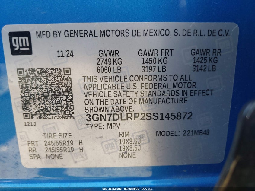 CHEVROLET EQUINOX EV 2025 VIN 3GN7DLRP2SS145872