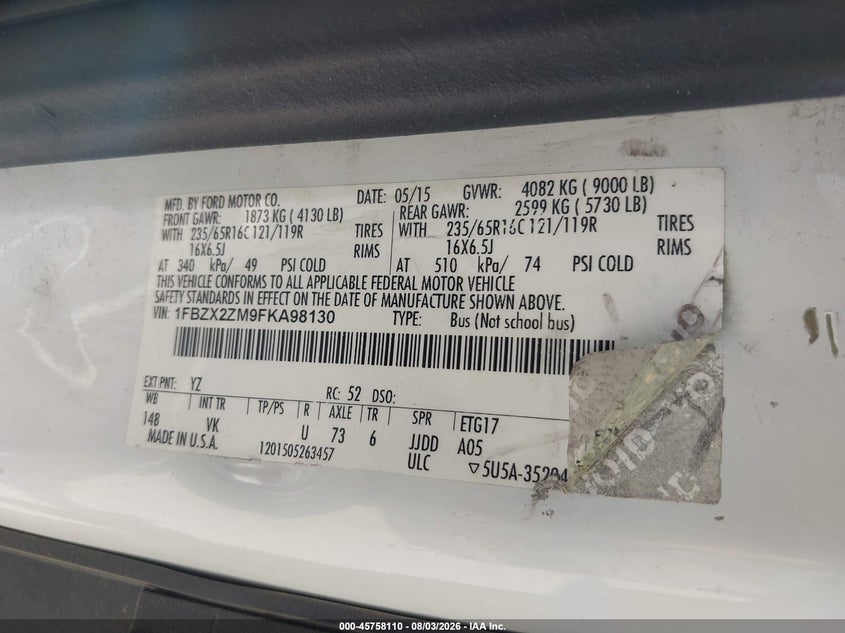 Vin: 1fbzx2zm9fka98130, lot: 46256832, ford transit-350 xl 20154