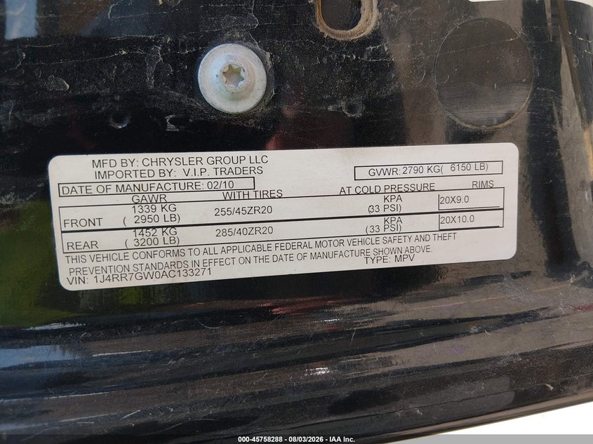 JEEP GRAND CHEROKEE 2010 VIN 1J4RR7GW0AC133271