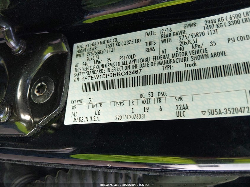 2017 FORD F-150 PICKUP 2.7L V6 FI DOHC 24V NF4
