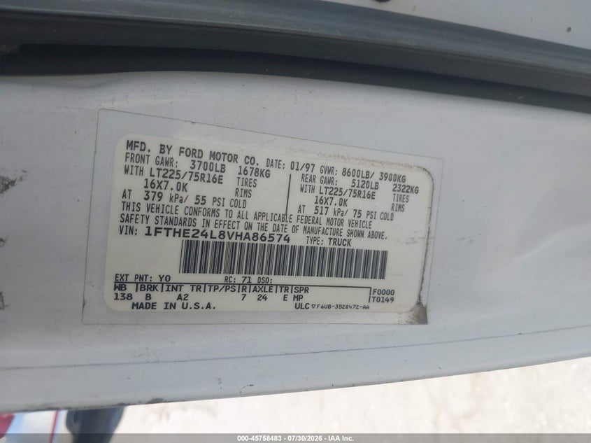 FORD ECONOLINE 1997 VIN 1FTHE24L8VHA86574
