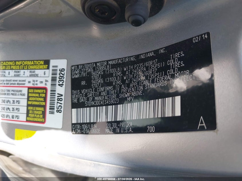 2014 TOYOTA SIENNA VAN 3.5L V-6 DOHC, VVT, 266HP