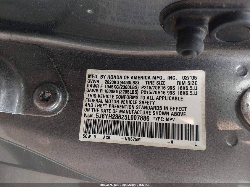 HONDA ELEMENT 2005 VIN 5J6YH28625L007886