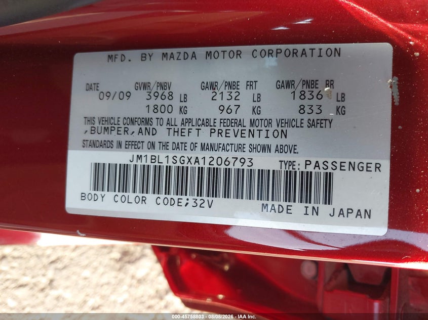 MAZDA MAZDA3 2010 VIN JM1BL1SGXA1206793