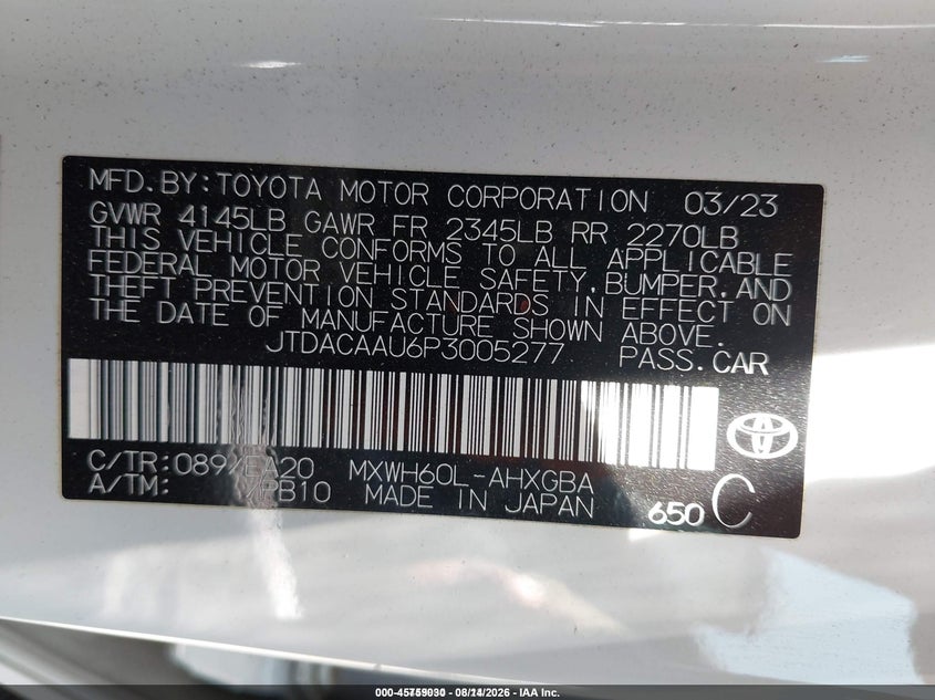 TOYOTA PRIUS 2023 VIN JTDACAAU6P3005277