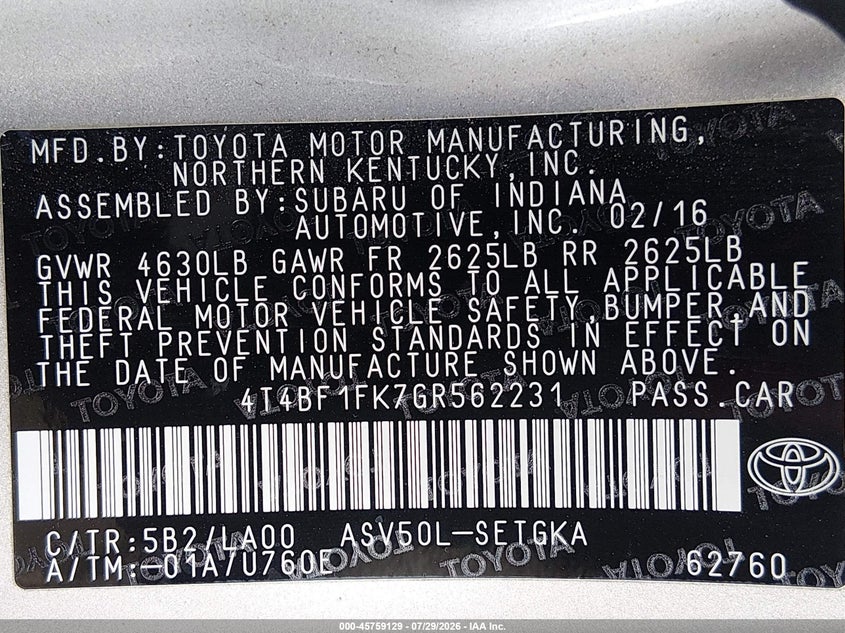 2016 TOYOTA CAMRY SEDAN 2.5L I-4 DOHC, VVT, 178HP