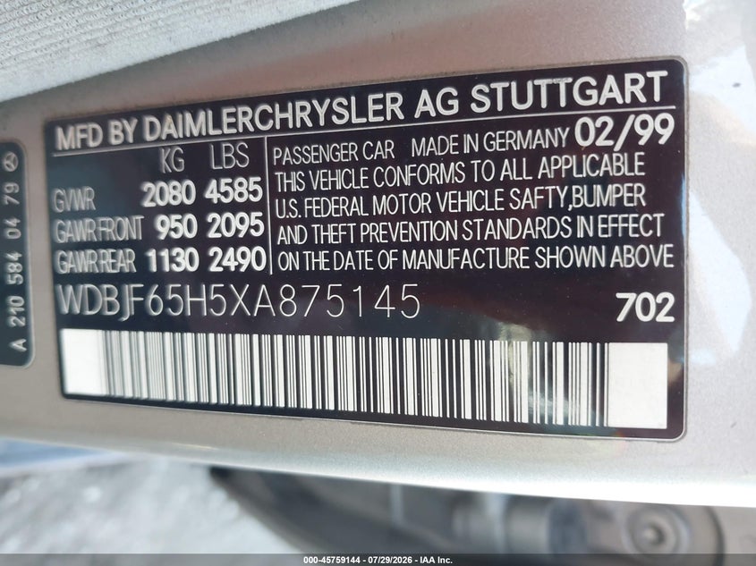 MERCEDES-BENZ E 320 1999 VIN WDBJF65H5XA875145