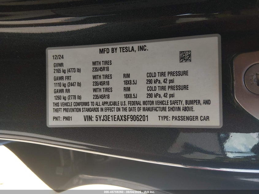 TESLA MODEL 3 2025 VIN 5YJ3E1EAXSF906201
