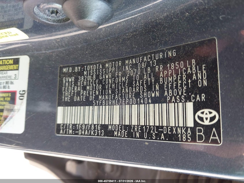 2014 TOYOTA COROLLA SEDAN 1.8L I-4 DOHC, VVT, 132HP