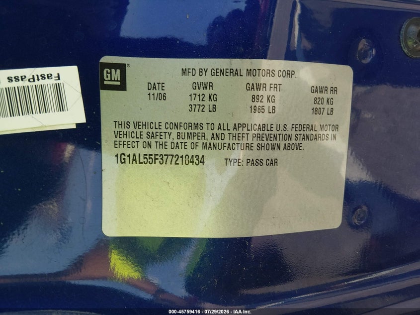 CHEVROLET COBALT 2007 VIN 1G1AL55F377218434