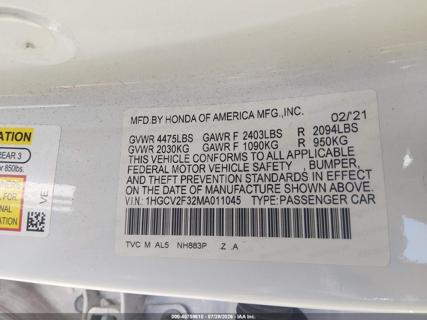 2021 Honda Accord(VIN: 1HGCV2F32MA011045