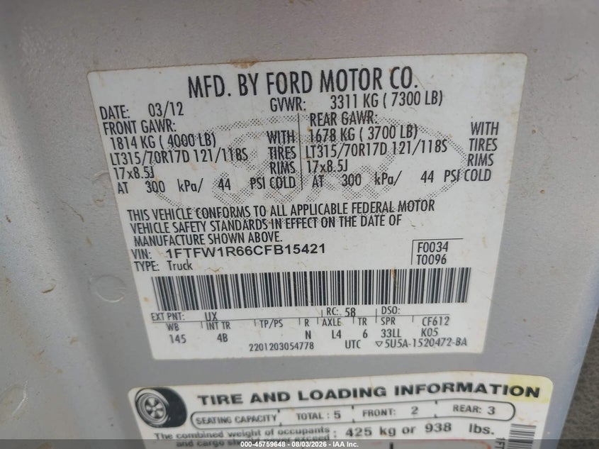 2012 FORD F-150 TRUCK 6.2L V-8 VVT, 411HP