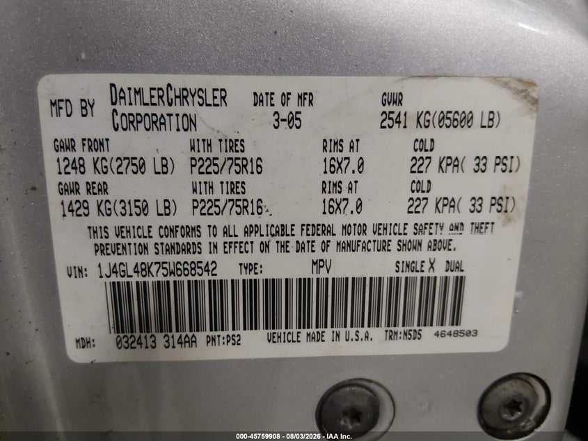JEEP LIBERTY 2005 VIN 1J4GL48K75W668542
