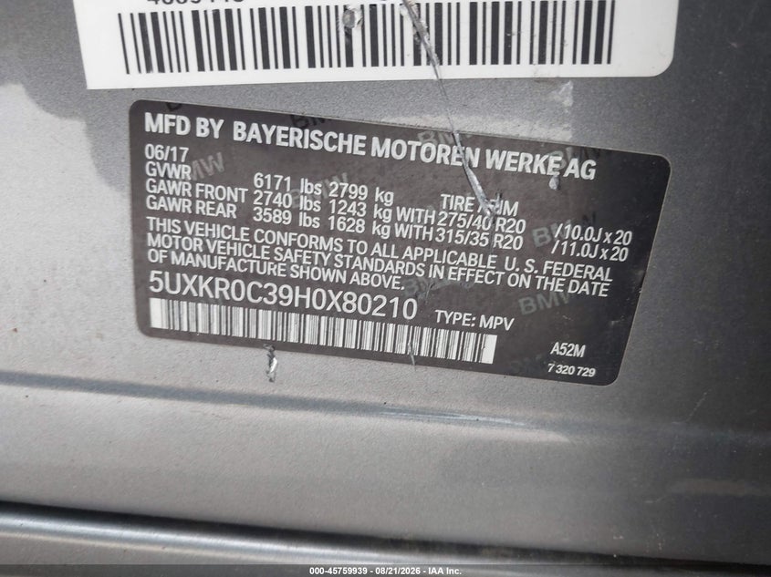 BMW X5 2017 VIN 5UXKR0C39H0X80210