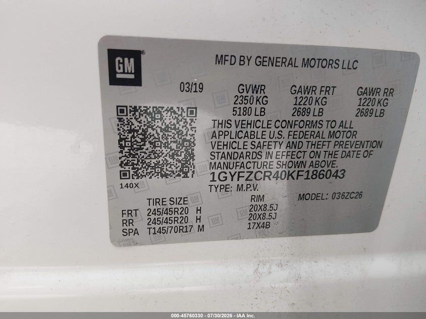 CADILLAC XT4 2019 VIN 1GYFZCR40KF186043