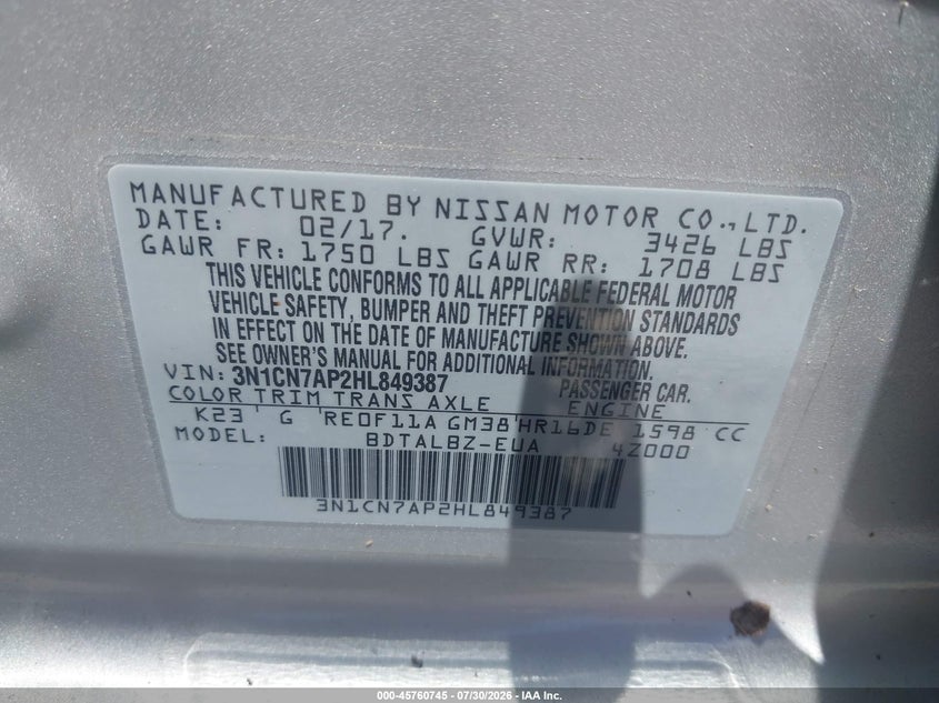 2017 NISSAN VERSA SEDAN 1.6L I-4 DOHC, VVT, 109HP