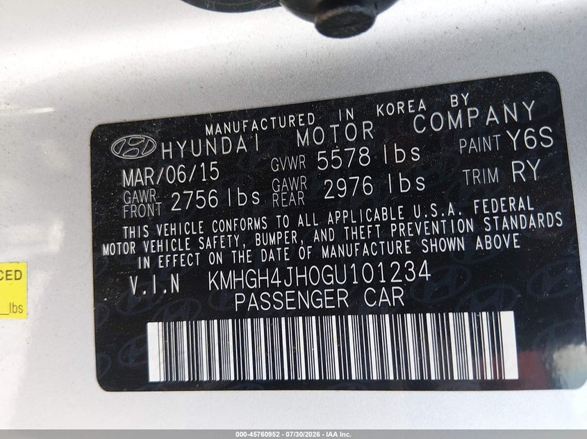 HYUNDAI EQUUS 2016 VIN KMHGH4JH0GU101234
