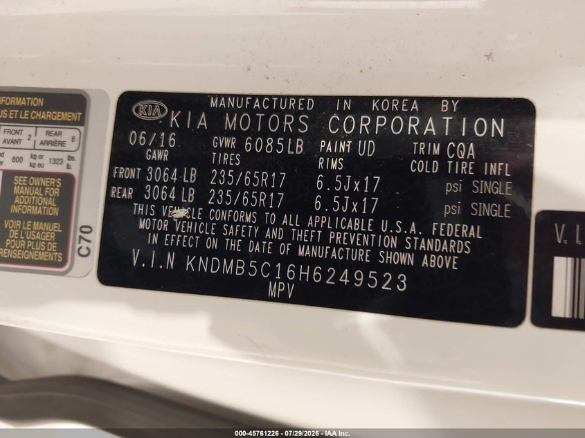 KIA SEDONA 2017 VIN KNDMB5C16H6249523