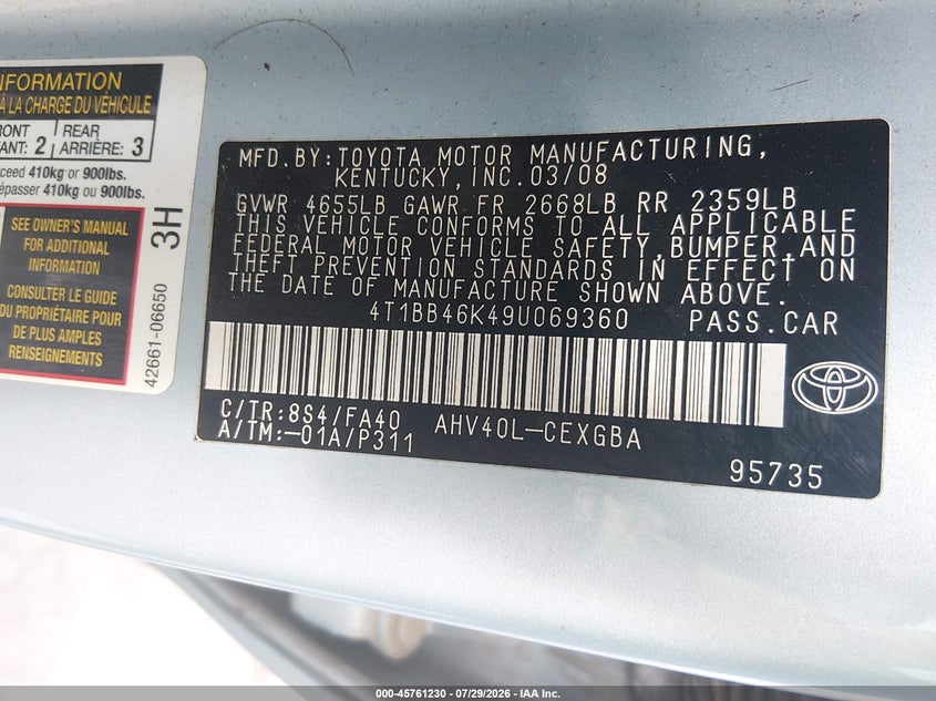 TOYOTA CAMRY HYBRID 2009 VIN 4T1BB46K49U069360
