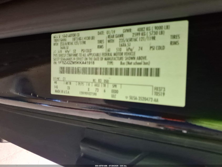 FORD TRANSIT-350 2019 VIN 1FBZX2ZM5KKA41918