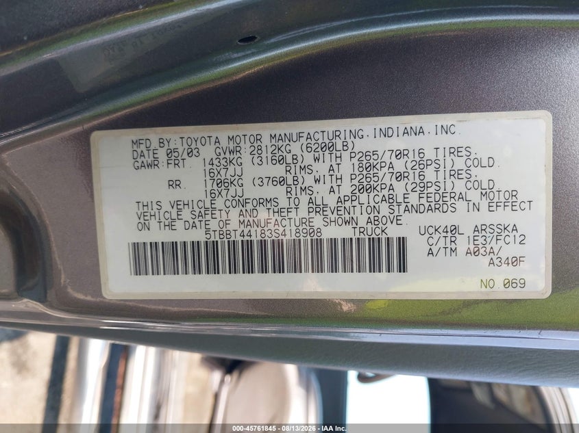 TOYOTA TUNDRA 2003 VIN 5TBBT44183S418908