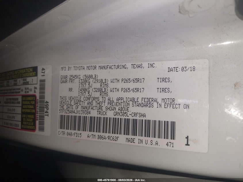 TOYOTA TACOMA 2018 VIN 5TFSZ5AN4JX139384