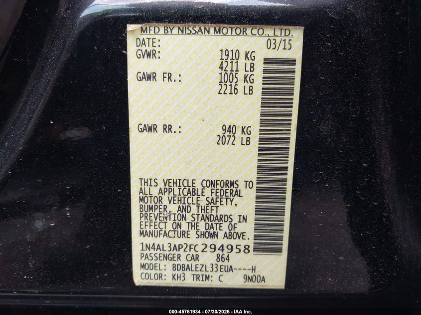 2015 NISSAN ALTIMA SEDAN 2.5L I-4 DOHC, VVT, 182HP