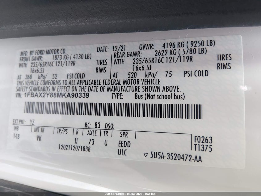 FORD TRANSIT-350 PASSENGER VAN 2021 VIN 1FBAX2Y88MKA90339
