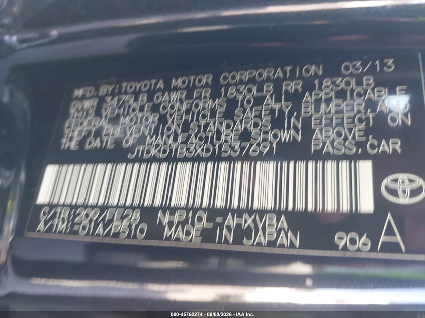 TOYOTA PRIUS C 2013 VIN JTDKDTB3XD1537691