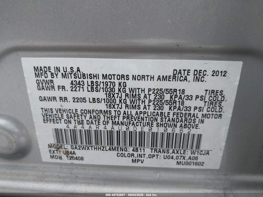 2013 MITSUBISHI OUTLANDER SPORT UTILITY VEHICLE 2.0L I-4 DOHC, VVT, 148HP